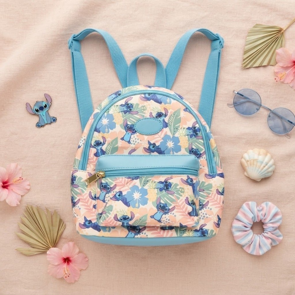 Disney Lilo & Stitch Tropical Floral Mini Backpack Blue Peach Hibiscus Print